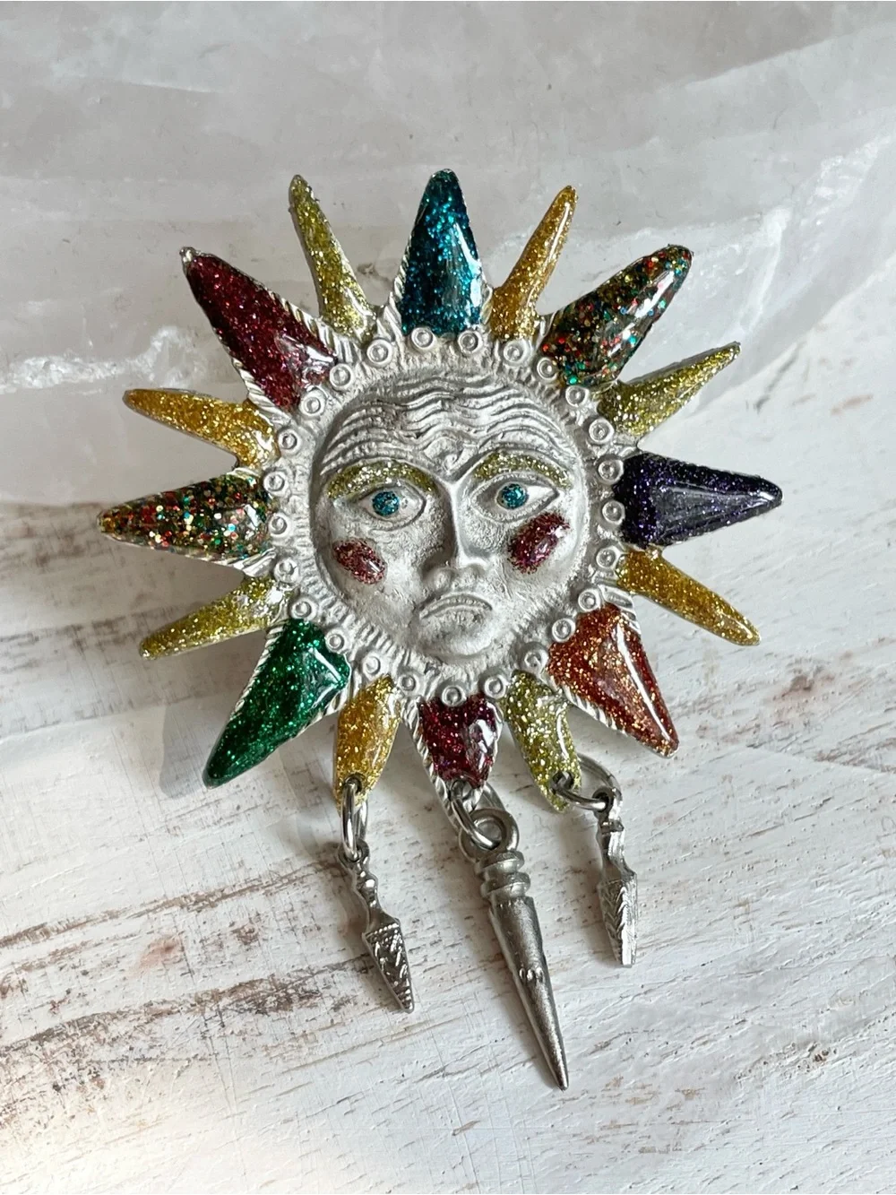Vintage Silver-Tone Celestial Glitter Sun Face Brooch